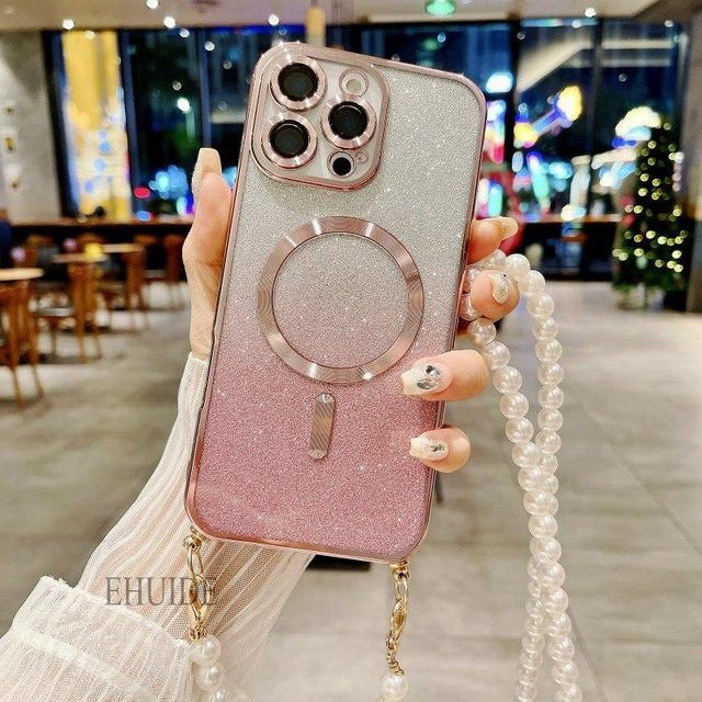 Glitzer Schutzhülle für Samsung Galaxy S21 mit Magsafe-Magnetverschluss und Perlen-Umhängeband in Pink Transparent - Bild 1