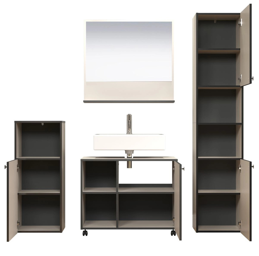 Badmöbel Set Feliz von TOP.FURN in Grau, bestehend aus Waschtischunterschrank, Spiegelschrank, Hochschrank und Seitenschrank, modern und matt, H x B x T: 186 x 180 x 40 cm - Bild 2