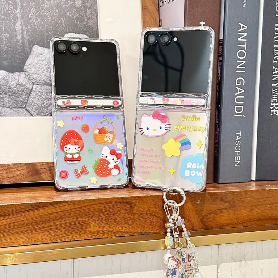 Samsung Z Flip7 Handyhülle mit Cartoon-Regenbogen-Erdbeer-Hello-Kitty-Design, Wellenfalten-Scharnier, Handkette und Fallschutz, Mehrfarbig - Bild 2