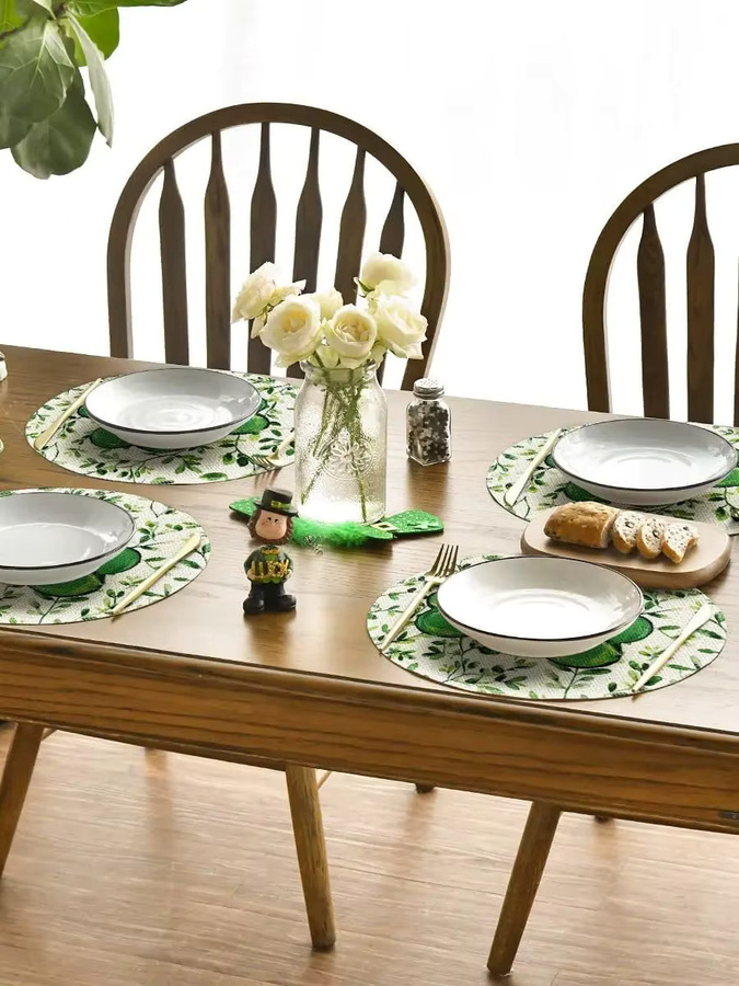 VIKAMA 4-teiliges Dreiblatt-Set, grün, florales Design, runde Tischmatte für Party und Restaurant - Bild 6