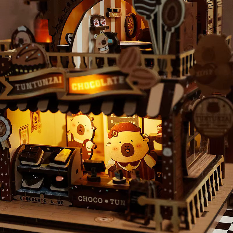 ELEVEN-CUTE DIY Holz-Schokoladen-Werkstatt, Miniatur-Modellbausatz, mit Möbeln und LED-Beleuchtung - Bild 2