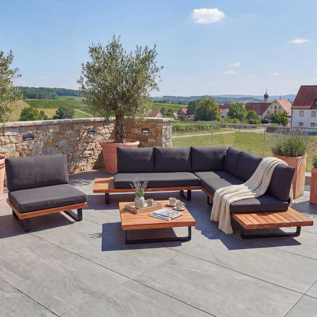 MCW Garten-Lounge-Set H54 mit Sofa und Sesseln aus Akazienholz und Aluminium in Braun mit dunkelgrauen Polstern - Bild 1