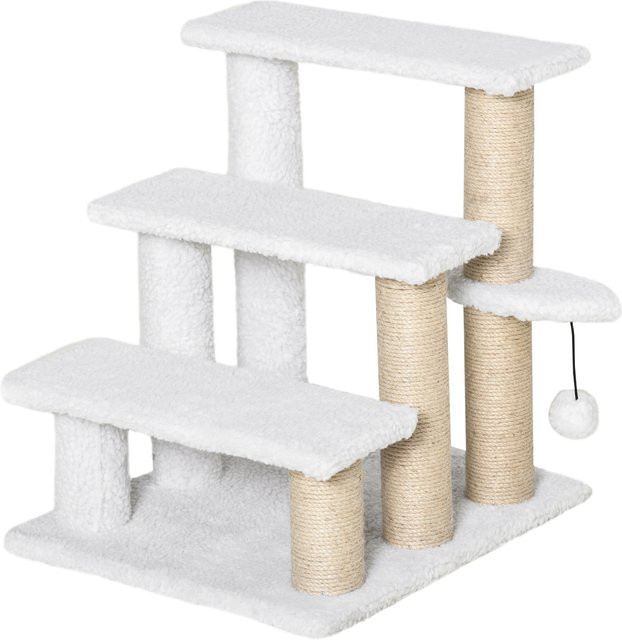 PawHut Haustiertreppe mit Kratzbaum für Katzen und Hunde, 3-stufige Tiertreppe aus Spanplatte und Plüsch mit Jute, Weiß, B/T/H: 45 x 40 x 48 cm - Bild 1
