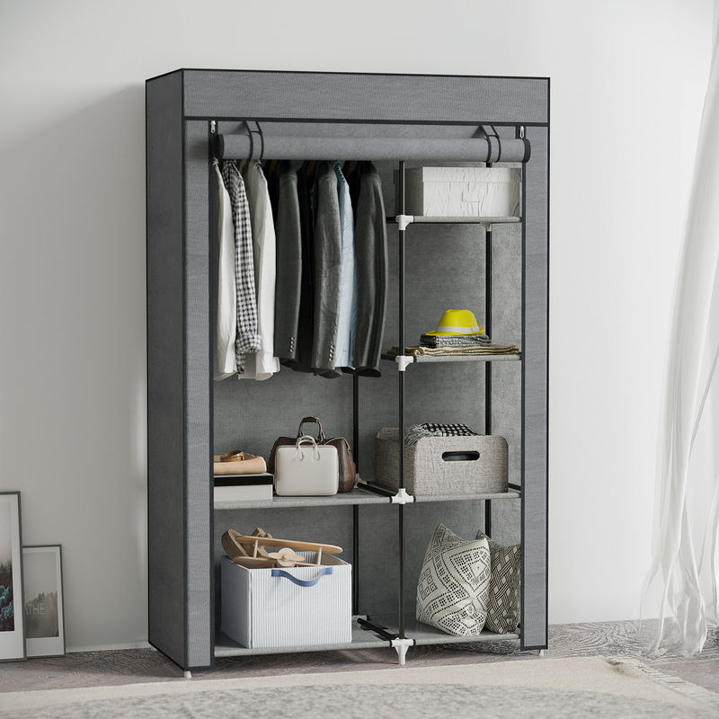 HOMCOM Kleiderschrank aus Stoff mit Kleiderstange und 6 Fächern, faltbare Garderobe in Vlies-Optik für Schlafzimmer und Flur, Farbe: Grau, B/T/H: 103 x 43 x 162,5 cm - Bild 2