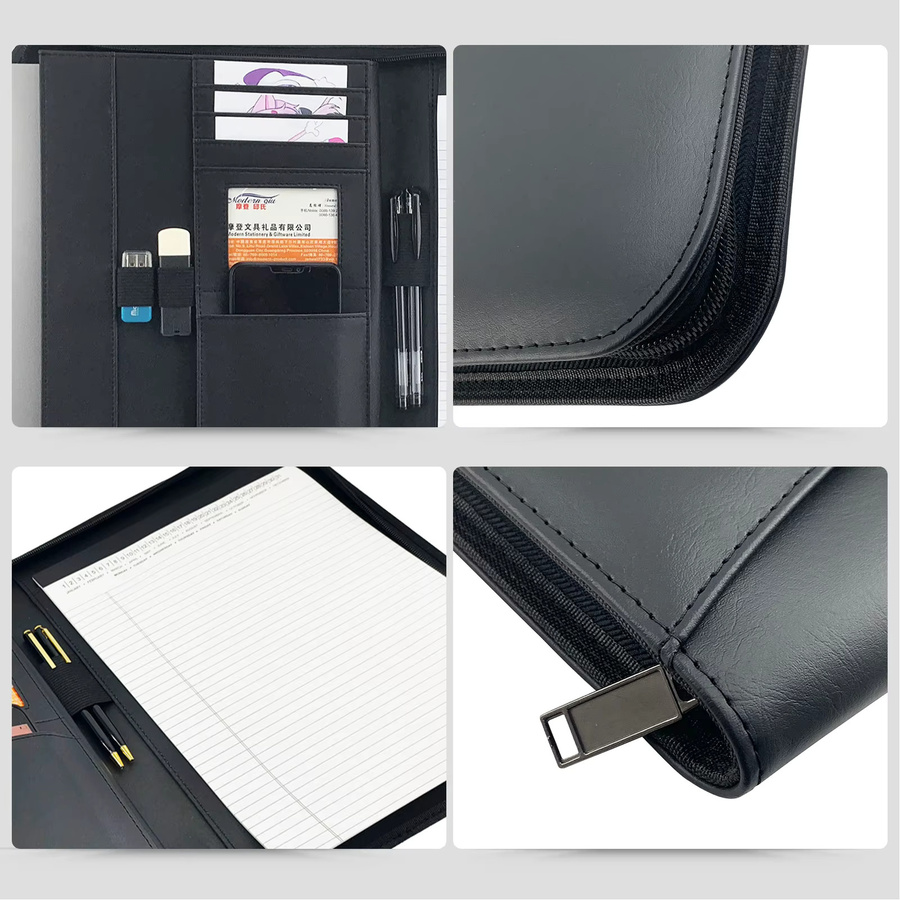 Bisofice Business Pad Folio Organizer aus PU-Leder mit Reißverschluss in Schwarz für A4 Dokumente und Tablet - Bild 3