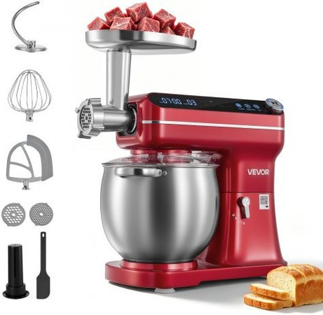VEVOR 2-in-1 Multifunktionale Küchenmaschine mit Kippkopf, 1000 W, Rot, 7 L Rührschüssel aus Edelstahl mit Knethaken, Rührbesen und Schneebesen