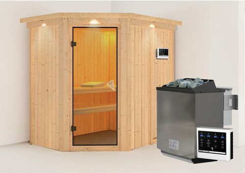 KARIBU Vijandi Bio-Kombi-Sauna aus Fichtenholz mit 9 kW Saunaofen und externer Steuerung, beige, für 3 Personen, B/T/H: 210 x 202 x 165 cm - Bild 1