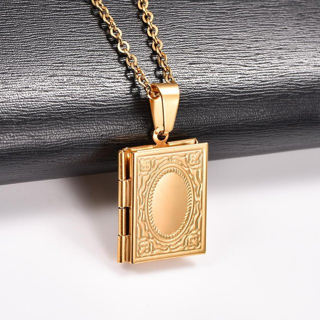 Anhänger Halskette Edelstahl, Buchform Medaillon, Gold, Unisex - Bild 1