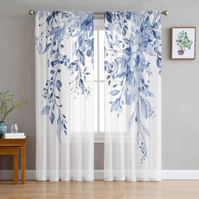 Yiran Furniture Transparente Tüll-Vorhänge mit Eukalyptus-Aquarell-Print, 2er-Set, Weiß, Breite: 135 cm, Höhe: 137 cm - Bild 1