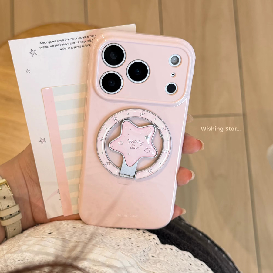 Glänzende Schutzhülle für Apple iPhone 17 16 15 14 13 Pro Max in Pink mit vergoldetem Stern-Magnethalter - Bild 4