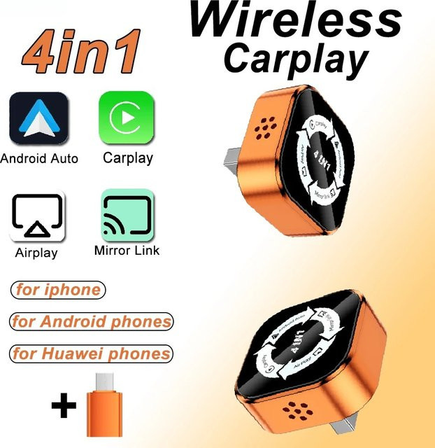 Jumunion 4-in-1 Android Auto Wireless CarPlay Adapter mit Mirror Link, Airplay, Bluetooth und WiFi Verbindung als AI Box in Multicolour und Orange - Bild 1