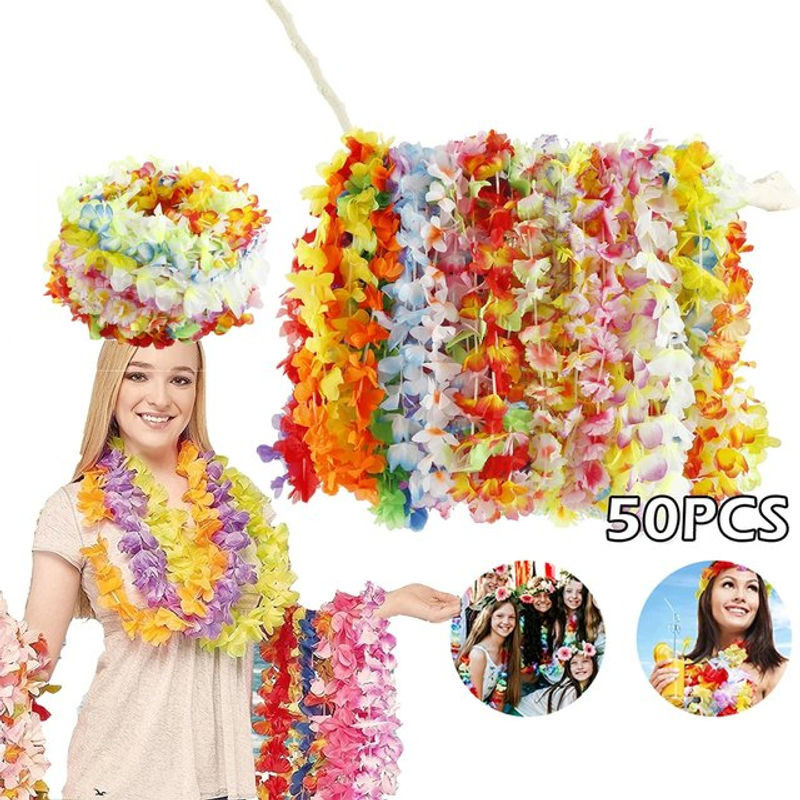 50 Stück Hawaiianische Blumen-Girlanden als tropische Halsketten für deine Strandparty Dekoration in Mehrfarbig - Bild 1