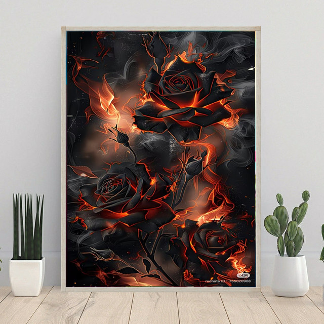 KAYOU DIY Diamantmalerei Schwarze Rose mit brennender Flamme im gotischen Stil, Multicolour, B/H: 30,0 x 20,0 cm - Bild 1