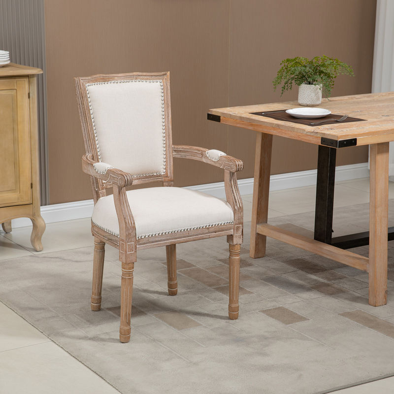 HOMCOM Esszimmerstuhl mit Armlehnen im Vintage Design, Polsterstuhl aus Stoff in Beige und Weiß, B/T/H: 59 x 63,5 x 96 cm - Bild 2