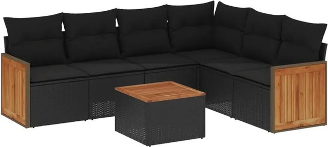 vidaXL 7-tlg Garten-Sofagarnitur in L-Form aus schwarzem Poly-Rattan mit Kissen und pulverbeschichtetem Stahlrahmen - Bild 1