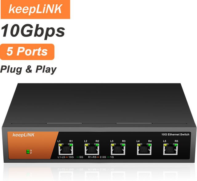 KeepLiNK 5-Port 10Gb Unmanaged Ethernet Switch in Schwarz mit robustem Metallgehäuse für Desktop oder Wandmontage - Bild 1