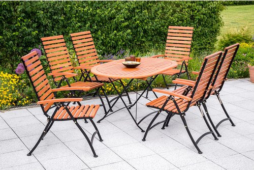 Merxx Gartenmöbelset Schlossgarten 7-teilig aus Eukalyptusholz und Flachstahl, oval, schwarz, Tisch B: 140 cm, T: 90 cm, H: 109 cm - Bild 1