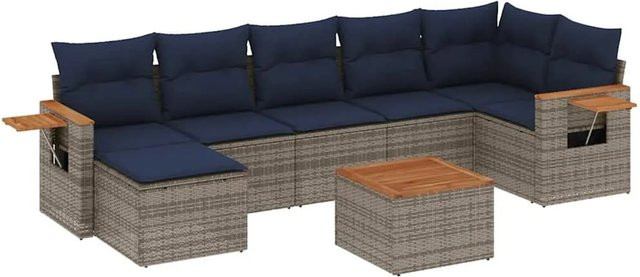 vidaXL 8-teilige Garten-Sofagarnitur in L-Form aus grauem Poly-Rattan mit Kissen und Akazienholz - Bild 1