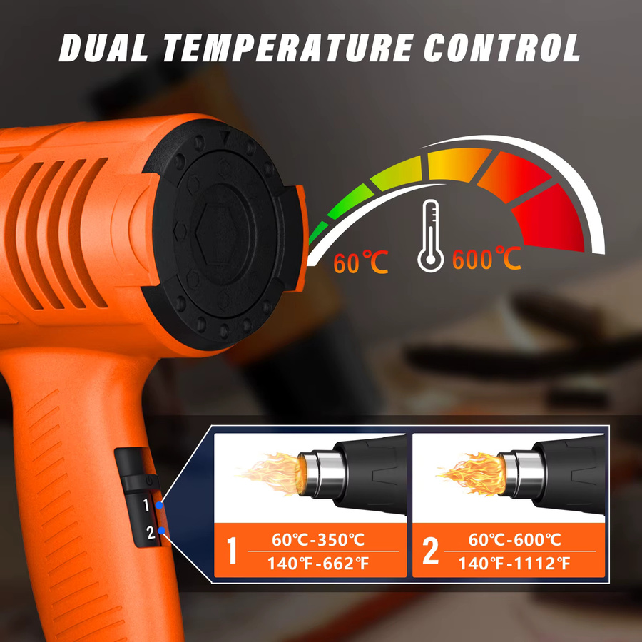 Heißluftpistole Set mit 2000W und variabler Temperatur 300 °C bis 600 °C in Orange inklusive 4 Düsen zum Trocknen und Schrumpfen - Bild 5