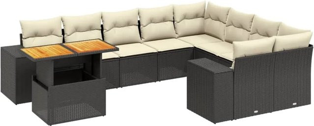 vidaXL 10-tlg. Garten-Sofagarnitur in L-Form aus Polyrattan und Akazienholz mit Kissen, Schwarz-Creme - Bild 1