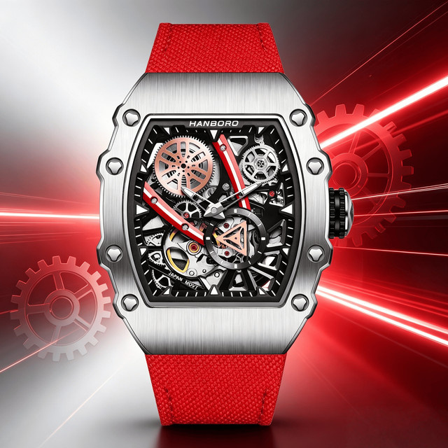 HANBORO Armbanduhr, Automatik, Edelstahl, Textil/NATO, Schwarz, Herren - Bild 1