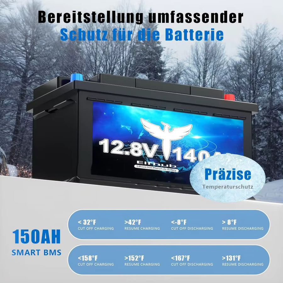 LiFePO4 Batterie 12V 140Ah H190 mit 1792Wh und Smart Bluetooth BMS für Wohnmobil Solar Camping in Schwarz und Violett, Höhe: 189 mm - Bild 4