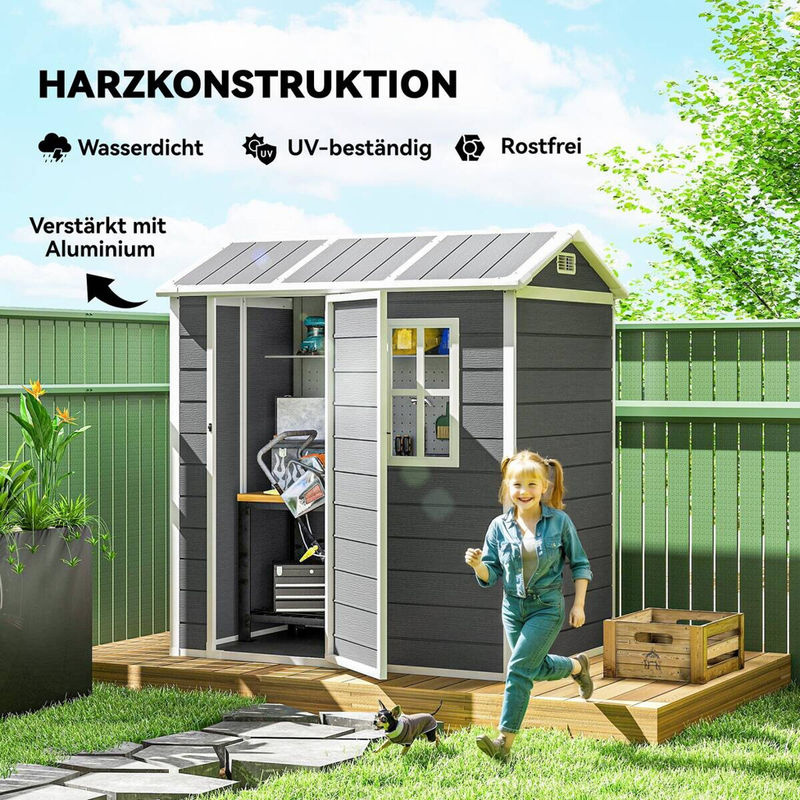 Outsunny Gerätehaus aus Kunststoff mit Satteldach und Fenster in Grau, B/T/H: 186 x 130 x 199 cm - Bild 5
