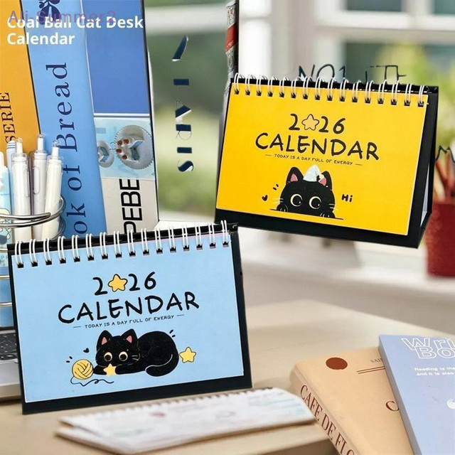 Mini-Kalender 2026 Jahr des Pferdes mit Katzenmuster, tragbarer Desktop-Kalender für den Schreibtisch in Blau und Mehrfarbig - Bild 1