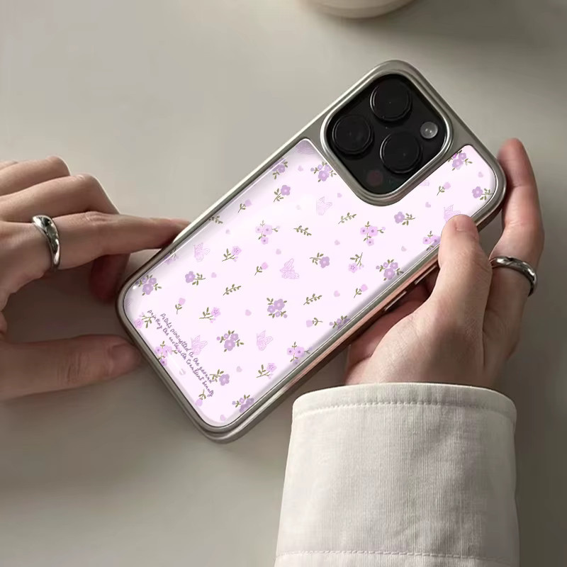 DecoPhone Handyhülle mit lila Blumen und Schmetterlingen, Hydrogel-Rückplatte und silbernem Rand, stoßfest für iPhone 17 16 15 14 Pro Max, Lila/Silber - Bild 4