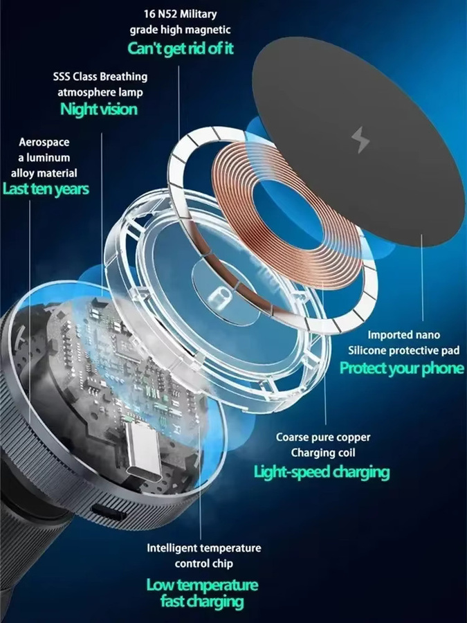 VIKEFON Qi2 Magnetisches kabelloses Autoladegerät mit LED-Licht und Kühlung für iPhone 16/15/14/13 Pro Max, Schwarz, Luftauslass-Halterung - Bild 4