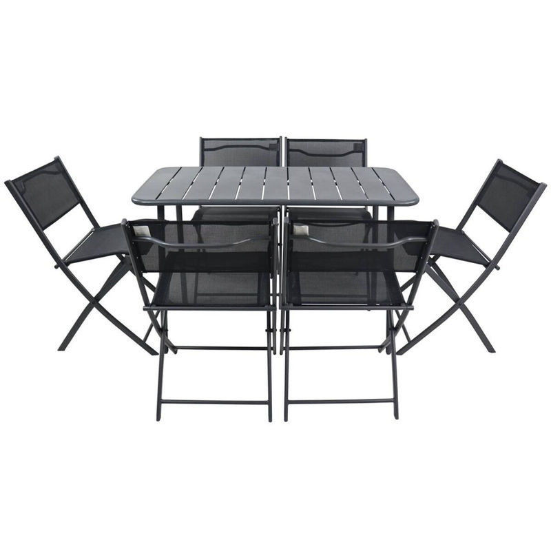 VCM 7-teiliges Balkonmöbel Set Sumila in Schwarz aus Metall und Textilene mit Gartentisch und 6 Klappstühlen, Tisch B: 110 cm, T: 55 cm, H: 79 cm - Bild 2