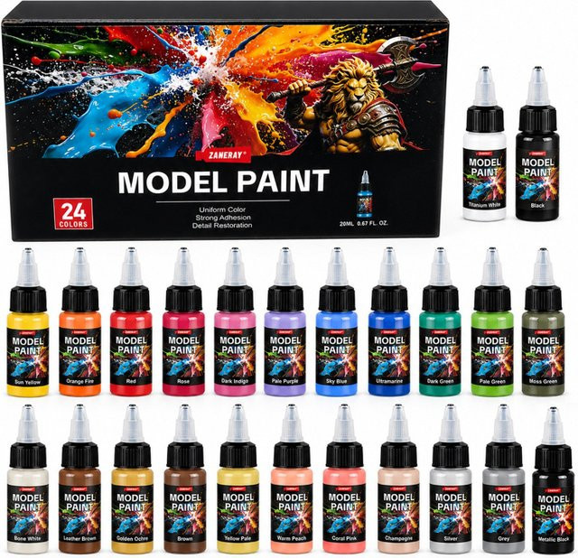 24 Farben Acrylfarben Set mit Pinseln, ungiftige Pigmentfarben für Handmalerei und Sprühen, Multicolour, 24 x 20 ml - Bild 1