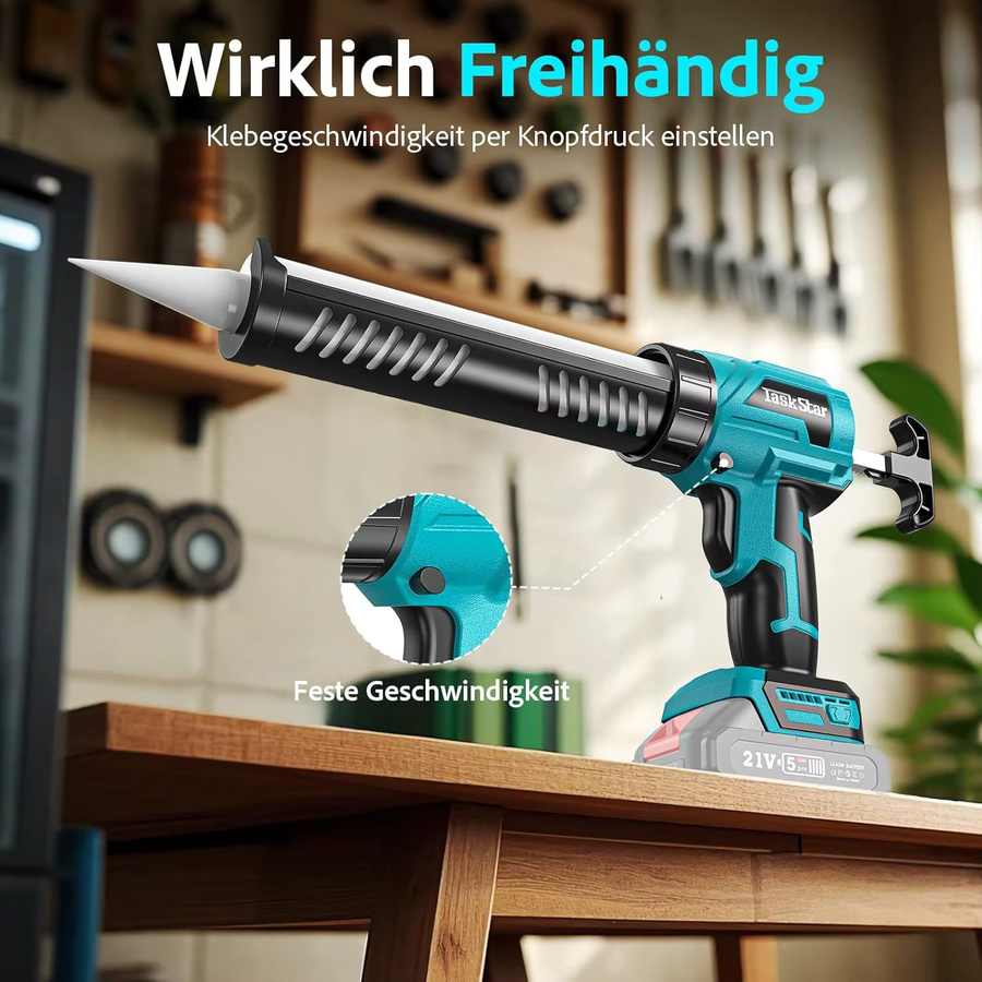 Taskstar TG110P Elektrische Kartuschenpistole in Blau, batteriebetrieben und kabellos, Silikonpistole für Glaskleber und Dichtstoffe, kompatibel mit Makita (ohne Batterie) - Bild 2