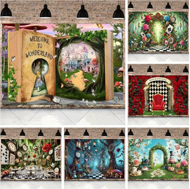 Bonvvie Alice im Wunderland Fotohintergrund für Kindergeburtstage und Fantasy-Partys, mehrfarbig, rechteckig - Bild 1