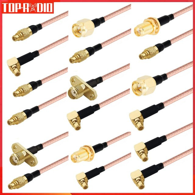 MMCX auf SMA Stecker Pigtail Kabel RG316 mit 90 Grad Winkel und Flansch für Panelmontage in Gold - Bild 1