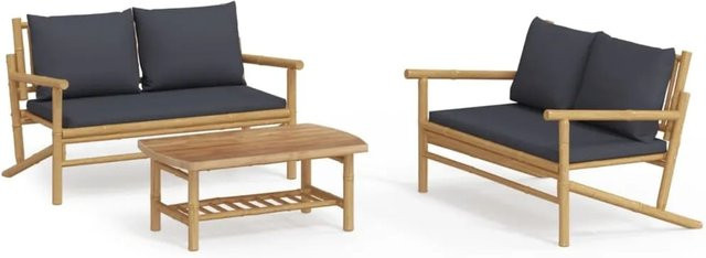 vidaXL 3-tlg Garten-Lounge-Set aus Bambus mit grauen Polsterkissen und Couchtisch - Bild 1