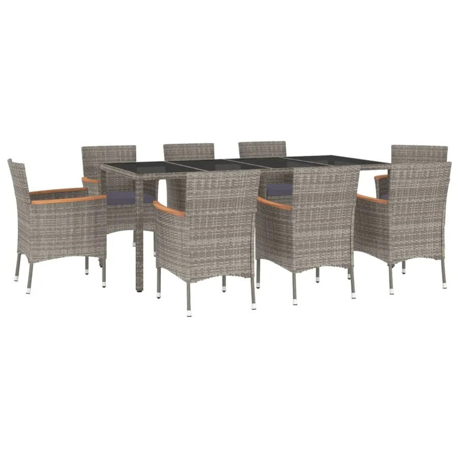 vidaXL 9-tlg Garten-Essgruppe aus Poly Rattan und Akazienholz in Grau mit Hartglas-Tischplatte - Bild 2