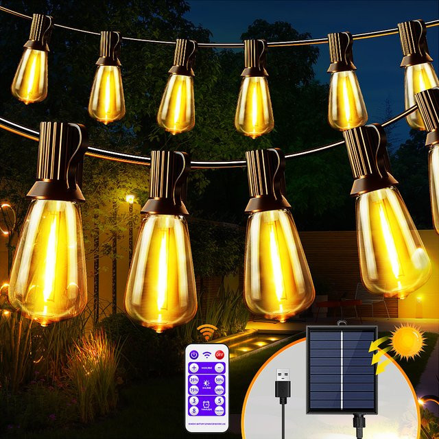 Wasserdichte Solar Lichterkette für draußen mit 25 dimmbaren ST38 Edison LED Glühbirnen und Fernbedienung, 12 Meter - Bild 1