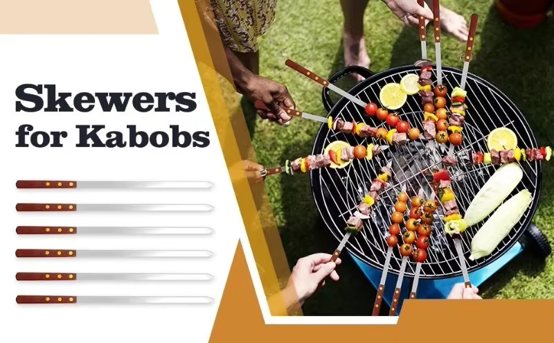 12 Stück Grillspieße für Kabobs von OUNIZI aus Edelstahl mit Holzgriff in Silber, Länge: 45 cm - Bild 6