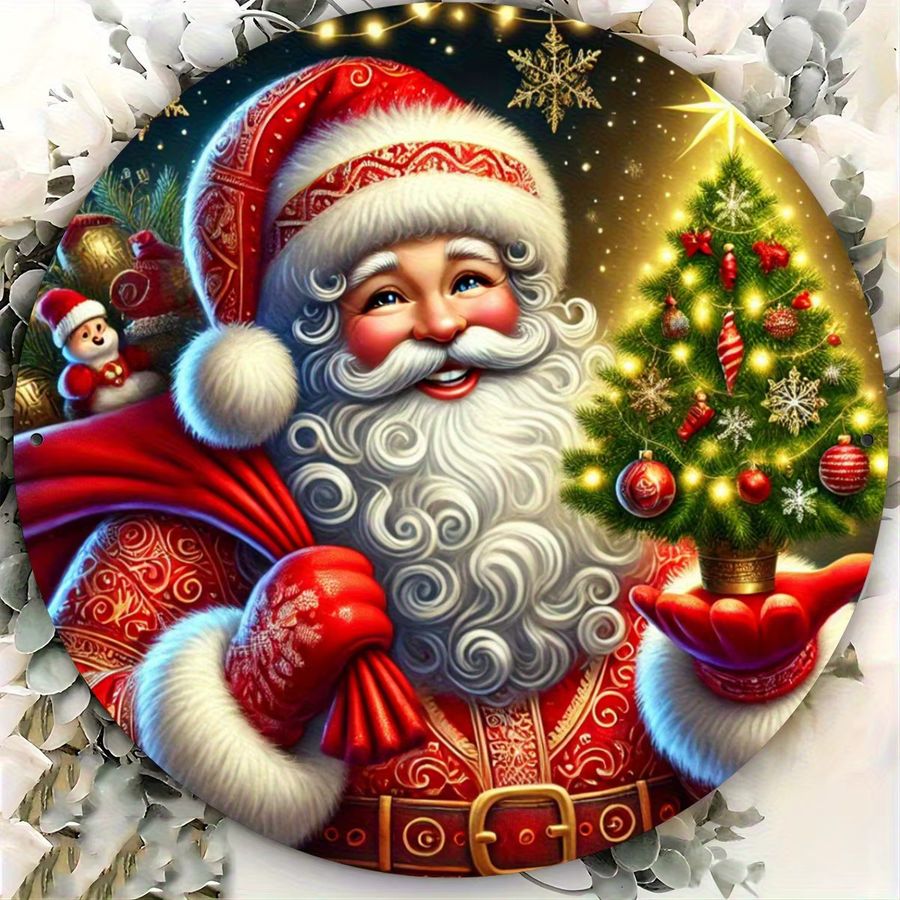Potdemiel Rundes Metallblechschild Weihnachten mit Weihnachtsmann, Baum und Schneeflocke im amerikanischen Stil aus Aluminium, Durchmesser: 20 cm - Bild 3