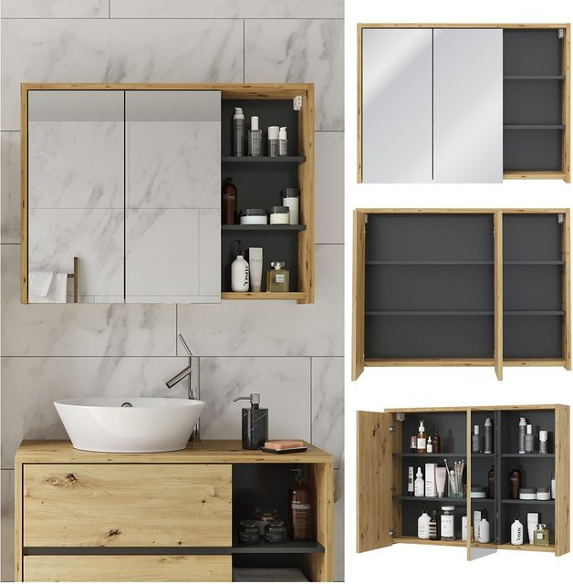 Vicco Badspiegelschrank Viola Eiche Anthrazit mit 2 Türen und Ablagen, B/H: 100 x 75 cm - Bild 1