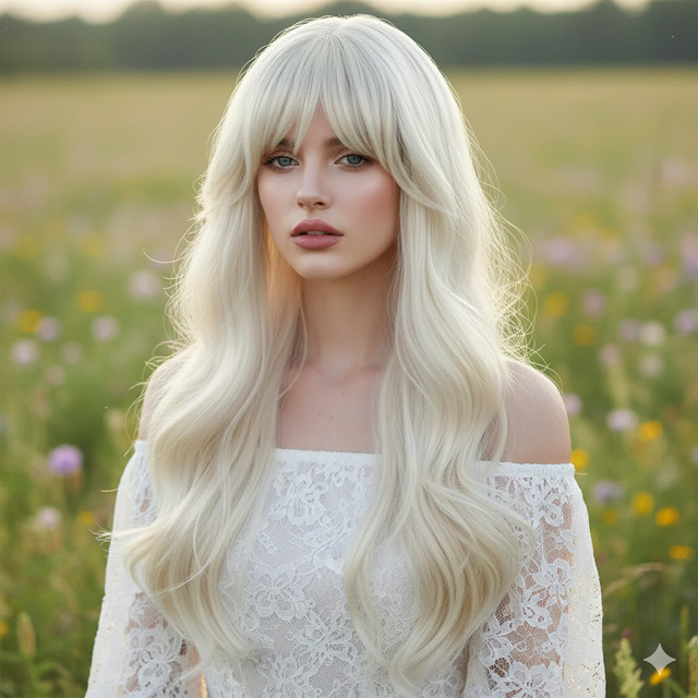 Weiße blonde Perücke für Damen, 66 cm, gewellt mit Pony, synthetisch - Bild 1