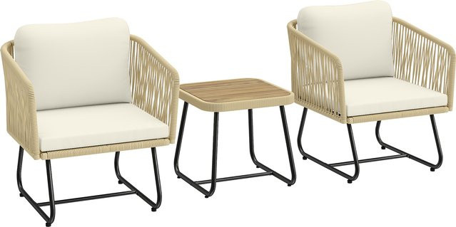 Outsunny Rattan Bistroset 3-teilig aus FSC Akazienholz mit 2 Sesseln und Lamellentisch in Cremeweiß - Bild 1
