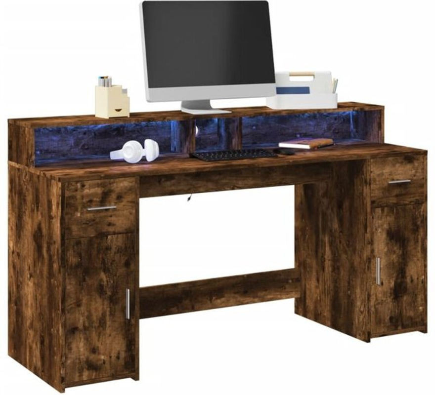 VIDAXL LED-Schreibtisch in Räuchereiche Braun aus Holzwerkstoff und Kunststoff, Modern, B/T/H: 160 x 55 x 91 cm - Bild 1