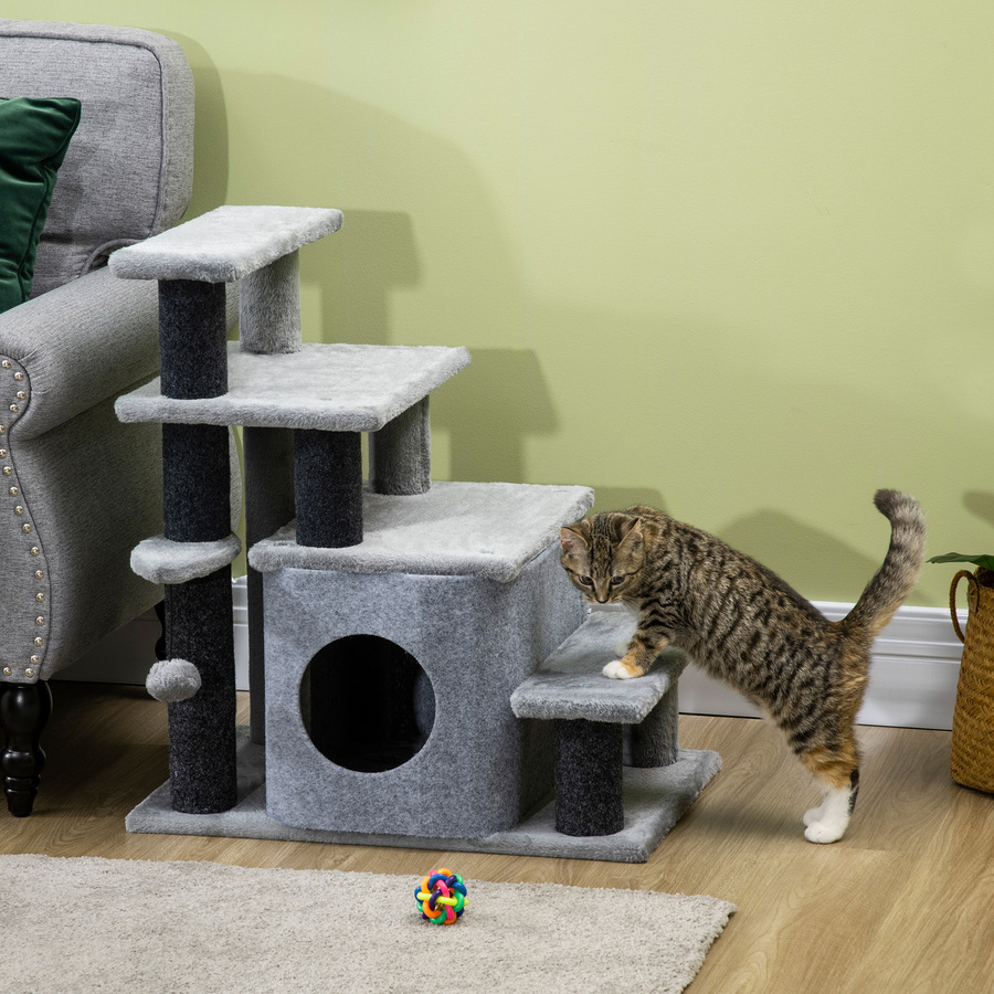 PawHut Haustiertreppe für Katzen mit Schlafhöhle und Spielball, 3/4-stufig, Plüschbezug, Grau - Bild 2