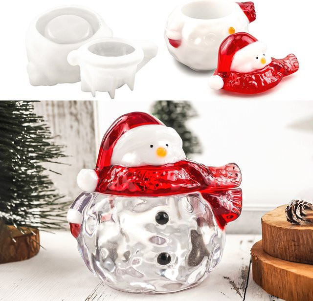 UDOCOOL Silikonform Schneemann für DIY Weihnachts-Aufbewahrungsboxen aus Harz oder Beton in Weiß und Rot - Bild 1