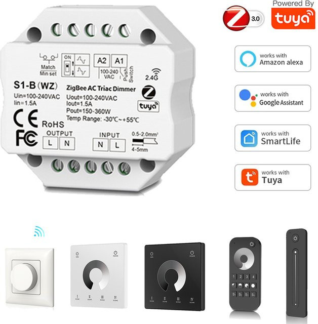 CENFAYA Tuya Smart Life Zigbee LED Dimmer Lichtschaltermodul in Weiß, kompatibel mit Alexa und Google Home - Bild 1