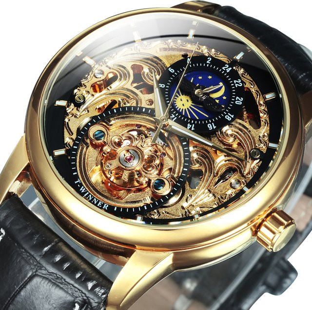 Gewinner Armbanduhr, Automatik, Mondphase, Gold, Leder, Herren - Bild 1