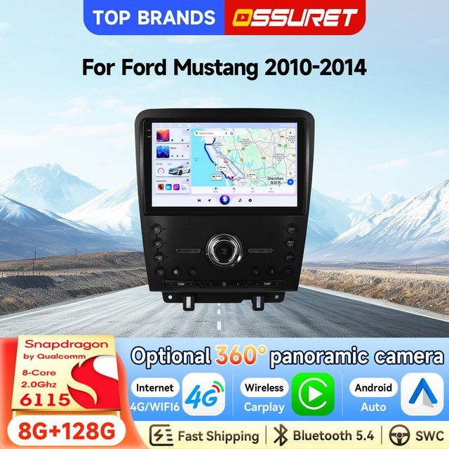 OSSURET Android 14 Autoradio für Ford Mustang 2010-2014 mit 10,1 Zoll Display, Snapdragon 6115 8-Kern Prozessor, GPS-Navigation, kabellosem CarPlay und Android Auto, Schwarz - Bild 1