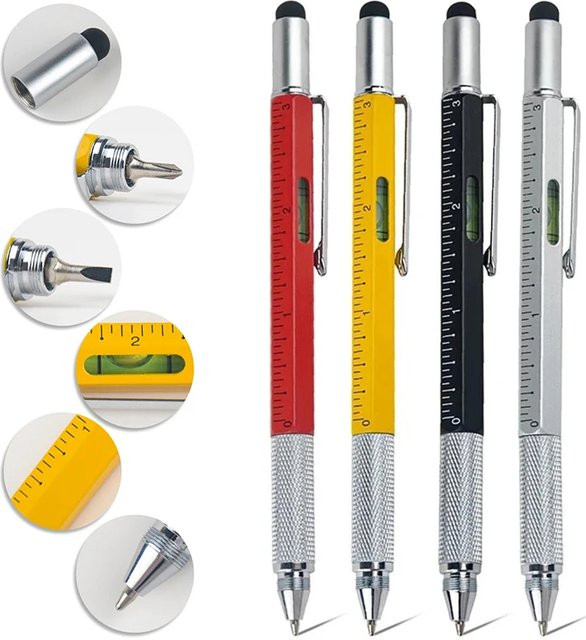 7-in-1 Multifunktionsstift in Gelb mit Kugelschreiber, Touchscreen-Stylus, Schraubendreher, Lineal und Nivelliergerät aus Metall - Bild 1